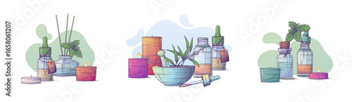 Vector illustration of essential oils with candles, diffuser, glass bottles, bowls with green herbs and mint sprigs. Aromatherapy composition for calm wellness, spa, skincare, natural self-care themes