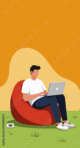 Man working on a laptop outdoors from a red bean bag chair. Represents remote work, digital nomad lifestyle, and flexible scheduling.