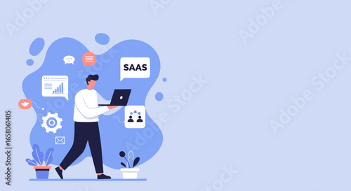 Modern professional works on laptop, illustrating SaaS, cloud technology, and digital business solutions. Perfect for online services and data management concepts.