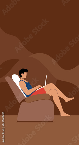 Relaxed person working on laptop from a comfortable armchair, embodying remote work, digital nomad lifestyle, and leisure.