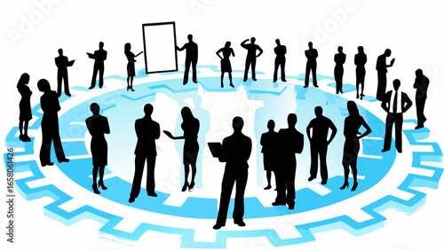 Silhouette of people standing on a blue gear like platform with one person holding a blank white board up