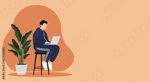 Casual person using laptop at home, symbolizing remote work, online learning, and digital lifestyle with ample copy space.