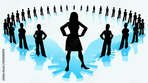 Silhouette of a woman standing confidently with a circle of people around her on a blue gear design