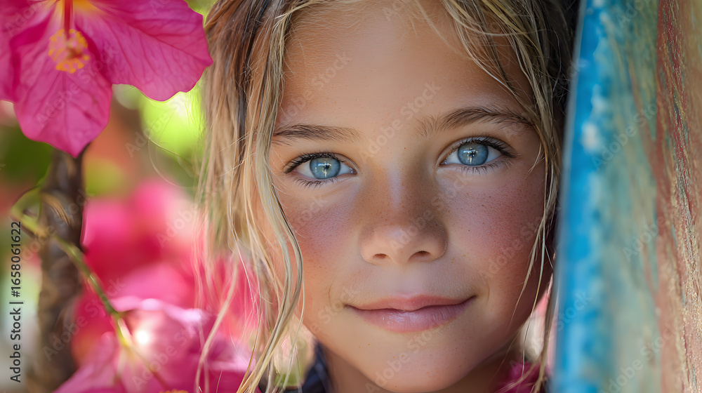 Fototapeta premium Cute Girl with Blue Eyes Holding Surfboard
