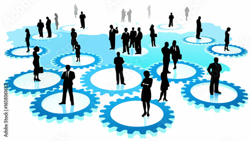 Silhouette figures standing on blue gear wheels illustrating business networking and interconnectedness concept