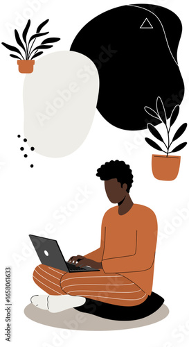 A focused person works remotely on a laptop in a cozy, minimalist home setting, depicting modern productivity and flexible work-life balance.