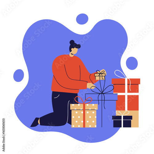 A person enthusiastically prepares holiday gifts, tying bows on beautifully wrapped presents for celebration and special occasions. Perfect for festive promotions.
