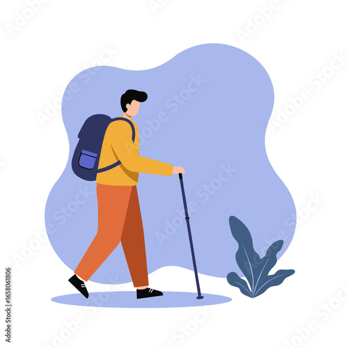 Adventurous person hiking outdoors with a backpack and trekking pole, embodying an active lifestyle and exploring nature. Ideal for travel, leisure, or wellness themes.