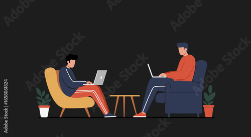 Two men working on laptops in a comfortable, relaxed setting. Illustrates remote work, flexible employment, online collaboration, or digital lifestyle.