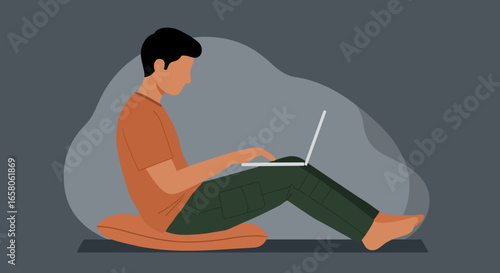 Person sitting comfortably on the floor using a laptop, ideal for remote work, study, freelance, or online communication concepts.