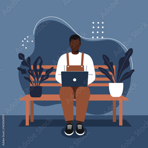 Black man working on laptop outdoors on a bench, surrounded by plants. Represents remote work, freelancing, online learning, or digital lifestyle.