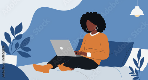 Woman working remotely on laptop at home. Modern digital lifestyle, online learning, or casual business in a comfortable, cozy setting.
