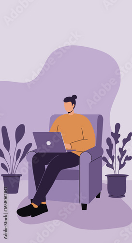 Man working on laptop from home, sitting comfortably in an armchair. Ideal for concepts of remote work, online learning, or digital lifestyle.