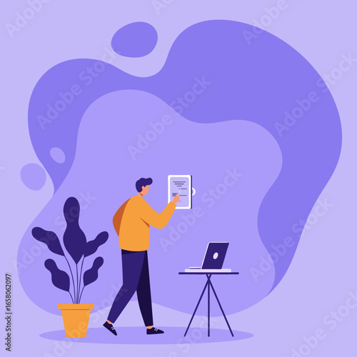Man working on a document, symbolizing remote productivity, online learning, or business administration in a modern, organized setting.