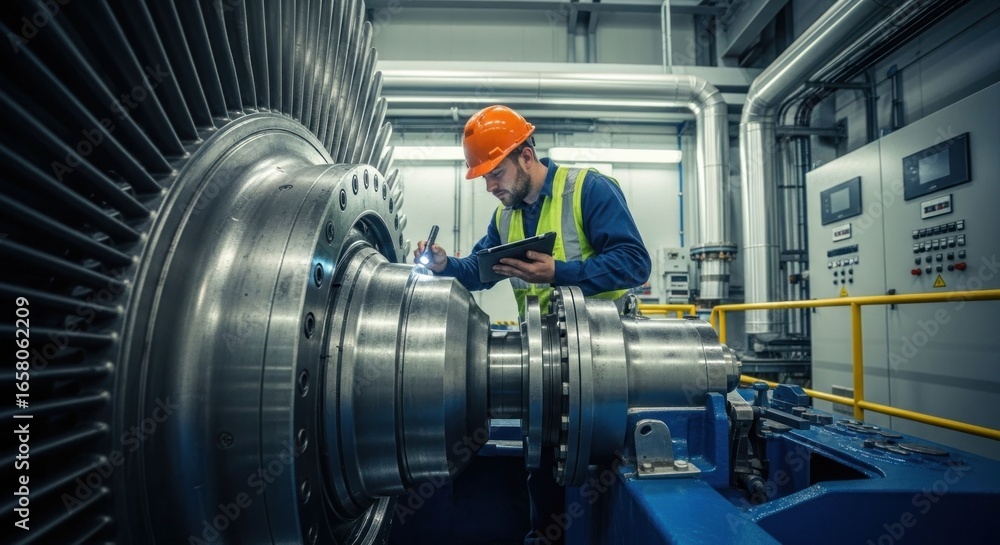 Fototapeta premium Industrial worker inspects large turbine