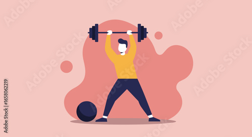 Man lifting barbell overhead, demonstrating strength and commitment to fitness. Ideal for health, wellness, and exercise concepts.