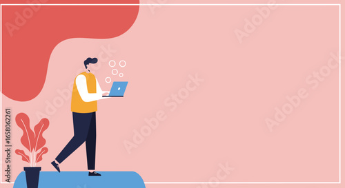 Young man working remotely on a laptop, symbolizing flexible work, digital nomad lifestyle, and online education. Ideal for technology and business concepts.