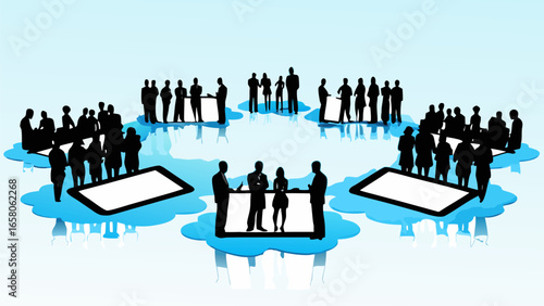 Silhouetted figures stand around tablets on cloud like platforms in a network communication concept
