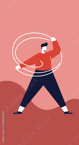 A stylized man in red and blue creates swirling white lines, symbolizing imagination, problem-solving, or idea generation in a vibrant setting.
