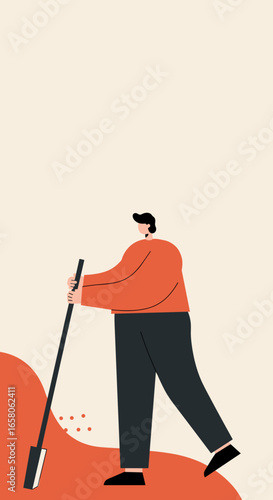 Modern illustration of a man sweeping, symbolizing cleanliness, order, and diligent work for business, home, or facility management.