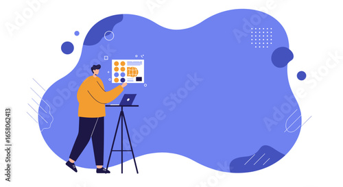 Creative professional works on digital design, presenting color palettes and global concepts. Ideal for graphic design, web development, online business, and remote work themes.