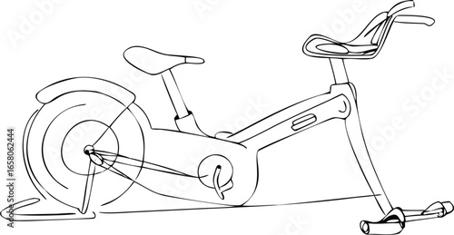 Stationary bike equipment outline drawing illustration. one continuous line drawing of stationary bike. draw, editable, stationary, continuity, drawing, graphic, training, vignetting, art,vector 
