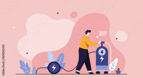 Man charging a portable power generator, symbolizing energy solutions, technology, and sustainability for business or modern life.