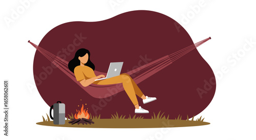 Woman working remotely on a laptop in a hammock by a campfire, blending technology with outdoor relaxation. Ideal for digital nomad, travel, and flexible work concepts.