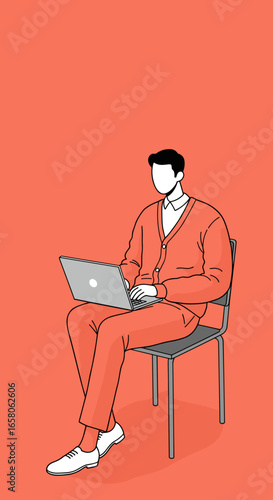 A stylized illustration of a person casually working on a laptop while seated on a chair. Ideal for themes of remote work, online learning, or digital lifestyle.