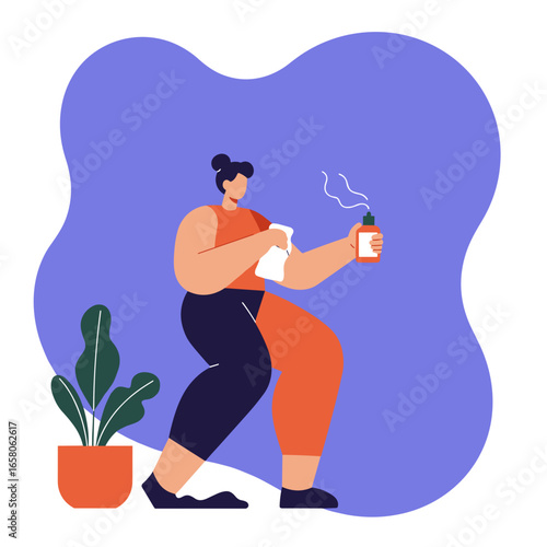 Person cleaning and disinfecting a surface with a spray bottle and cloth. Concept of home hygiene, health protection, and regular maintenance.