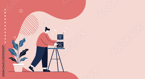 Person interacts with abstract tech modules, symbolizing data analysis, research, or system development. Ideal for business, innovation, or education concepts.