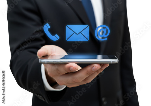 Wallpaper Mural Businessman holding tablet with email, call, and message icons floating above screen isolated on transparent background Torontodigital.ca