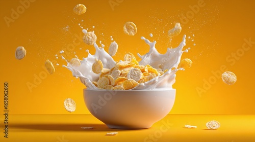 Crisp cereal pieces suspend mid-air as creamy milk splashes around a bowl, set against a sunny, vibrant yellow backdrop, creating a dynamic breakfast scene.