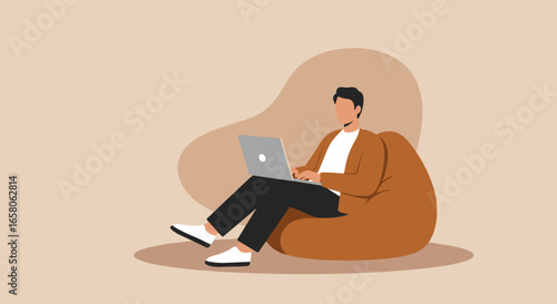 A person comfortably works or studies on a beanbag with a laptop. Ideal for remote work, online learning, or casual tech use concepts.