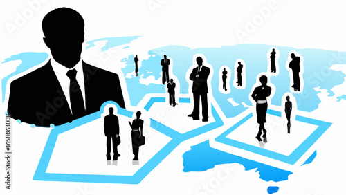 Silhouette figures of business people standing on a network over a world map illustration