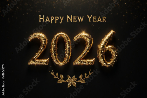 Happy New Year 2026. Greeting New Year Dark Banner with Golden numbers date 2026 on Dark Christmas Background