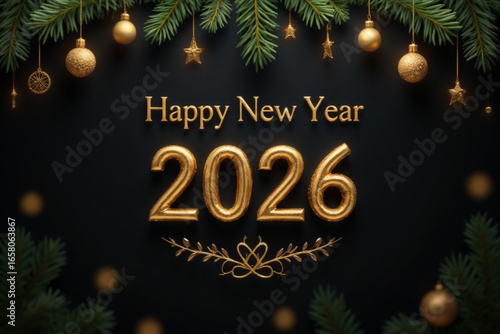 Happy New Year 2026. Greeting New Year Dark Banner with Golden numbers date 2026 on Dark Christmas Background