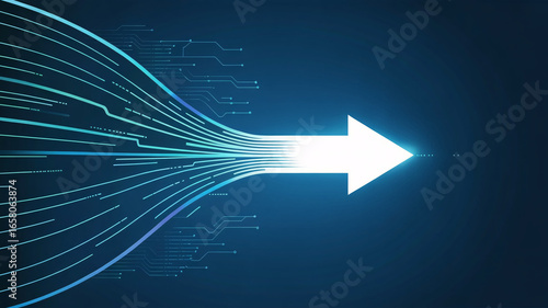 Dynamic digital stream converges into a powerful white arrow symbolizing innovation and forward momentum
