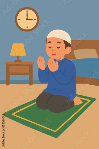 Muslim Man Praying Salah Tahajjud on Prayer Mat in Bedroom at Night and Early Morning 3 AM