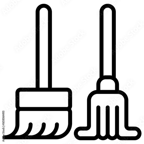 Broom and Mop Outline Icon Design Vector - Broom and mop standing together representing cleaning tools for floor care
