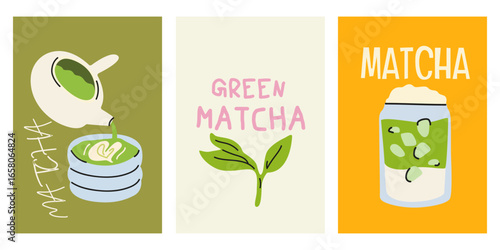 Abstract matcha posters in cartoon retro style. Matcha latte, whisk, kettle. Bright posters for baristas, kitchen, wallpaper, walls and postcards. Vector illustration