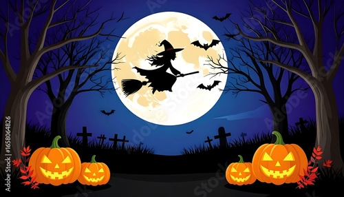 Witch flying over Halloween graveyard