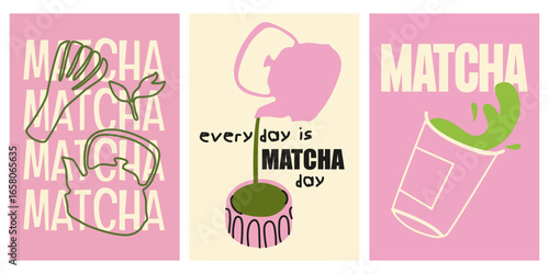 Abstract matcha posters in cartoon retro style. Matcha latte, whisk, kettle. Bright posters for baristas, kitchen, wallpaper, walls and postcards. Vector illustration
