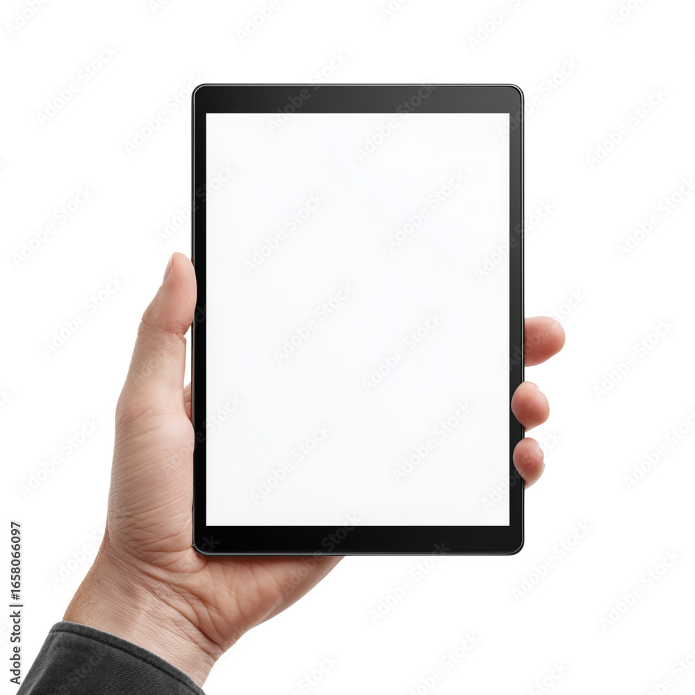 Close up of a human hand holding a modern tablet with a blank white screen isolated on transparent background Close up of a human hand holding a modern tablet with a blank white screen isolated on transparent background