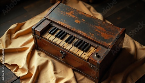 Antique wooden harmonium keyboard on a golden cloth, a forgotten melody from the past.