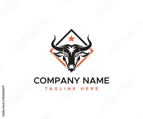 Powerful Bull Head Logo with Star and Geometric Frame horns