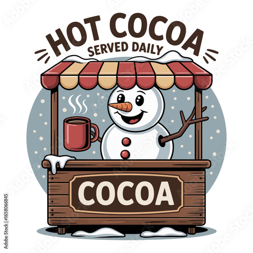 Hot cocoa served daily stand, cheerful snowman vendor, cozy winter market poster, Christmas cafe sign, retro vector illustration