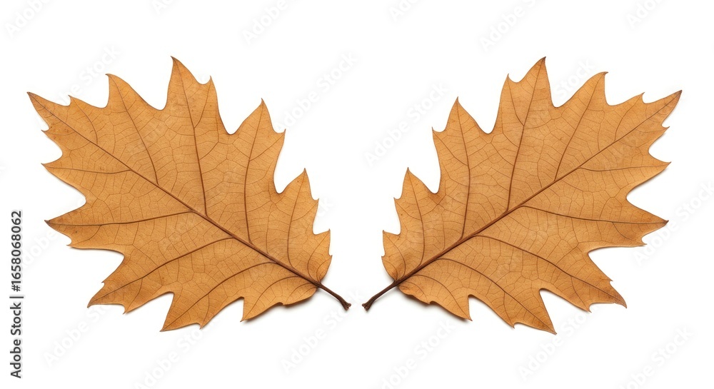 Fototapeta premium Two brown, intricately veined, oak leaves, each with a jagged edge, are symmetrically arranged against a clean white background