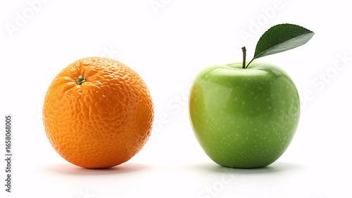 Juicy orange and crisp green apple with leaf, vibrant healthy fruits for your next project