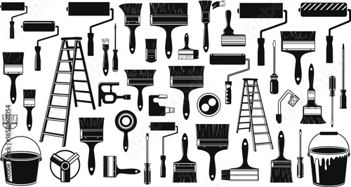 Set of painting and decorating tool silhouette icons including brushes, rollers, buckets, ladders, and accessories
